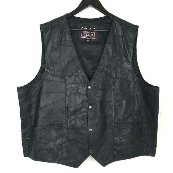 Vtg LC Leather Club Black Leather Vest Snap Front Western Motorcycle Biker Sz 54